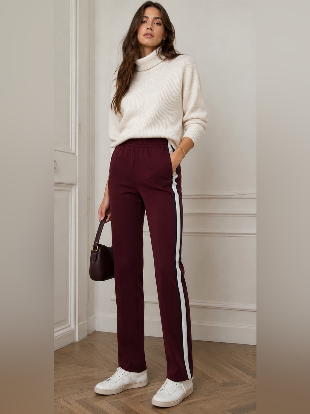 Maje Burgundy Relaxed Straight Leg Pants Medium Side Stripe Sporty Luxe Trousers